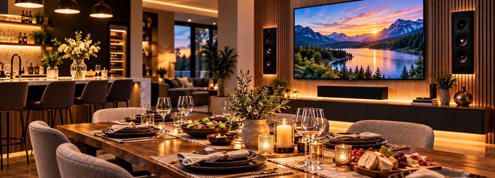 Warm Modern Dining Room with Sunset Media Wall