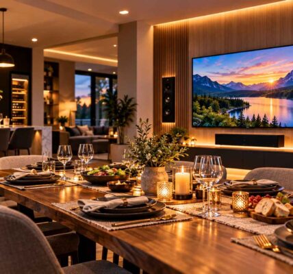 Warm Modern Dining Room with Sunset Media Wall