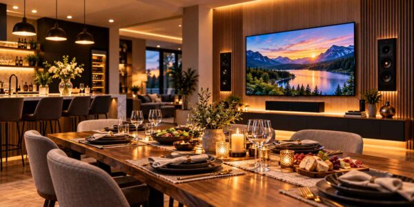 Warm Modern Dining Room with Sunset Media Wall