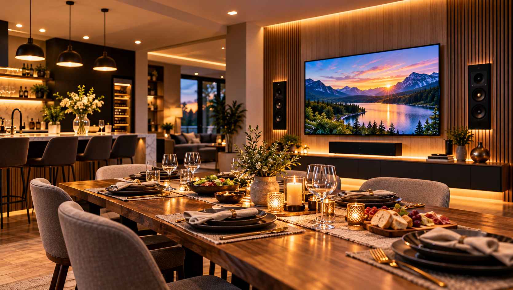 Warm Modern Dining Room with Sunset Media Wall